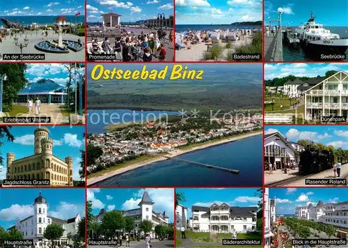 AK / Ansichtskarte Binz_Ruegen Promenade Seebruecke Vitamar Erlebnisbad Baederarchitektur Rasender Roland Dampflokomotive Duenenpark Badestrand Jagdschloss Granitz Binz_Ruegen Kat. Binz