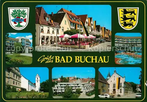 AK / Ansichtskarte Bad_Buchau_Federsee Stadtansichten Schwimmbad Wappen Bad_Buchau_Federsee