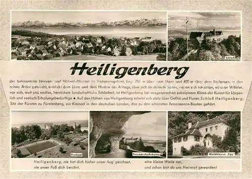 AK / Ansichtskarte Heiligenberg_Baden Panorama Schloss Freibad Freundschaftshoehle Waldklause Egg Heiligenberg_Baden