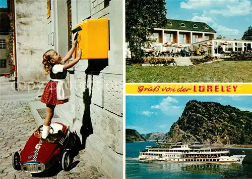 AK / Ansichtskarte Loreley_Lorelei Felsen Dampfer Restaurant Terrasse Maedchen am Briefkasten Loreley_Lorelei