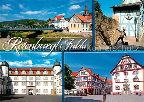 AK / Ansichtskarte Rotenburg_Fulda Uferpartie am Fluss Skulptur Landgrafenschloss Historische Fachwerkhaeuser Marktplatz Rotenburg Fulda