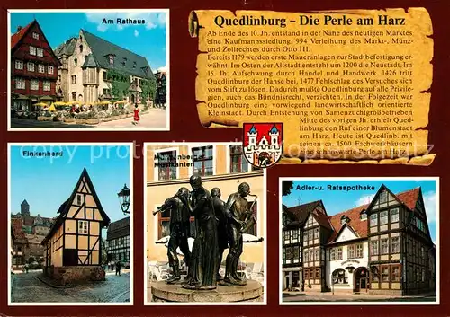 AK / Ansichtskarte Quedlinburg Rathaus Strassencafe Finkenherd Fachwerkhaus Muenzenberger Musikanten Statuen Apotheke Quedlinburg