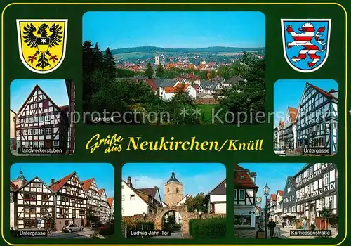 AK / Ansichtskarte Neukirchen_Knuellgebirge Handwerkerstuben Untergasse Ludwig Jahn Tor Kurhessenstrasse Untergasse Altstadt Fachwerkhaeuser Wappen Neukirchen Knuellgebirge