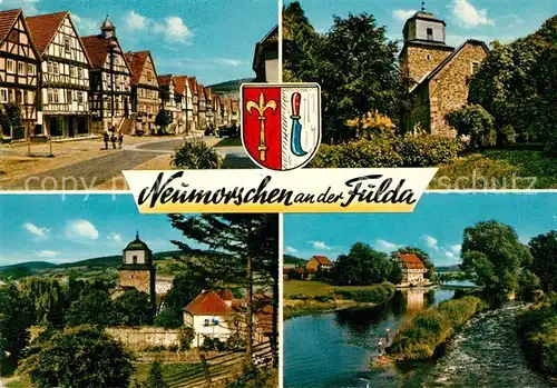 AK / Ansichtskarte Neumorschen Fachwerkhaeuser Kirche Partie an der Fulda Neumorschen