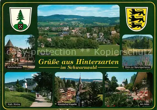 AK / Ansichtskarte Hinterzarten Panorama Kurort im Schwarzwald Bahnhofsplatz Kirche Kesslerhof Kapelle Hotel Adler Skisprungschanze Hinterzarten