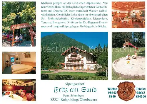 AK / Ansichtskarte Ruhpolding Alpengasthof Fritz am Sand Biergarten Zimmer Gastraeume Spielplatz Ruhpolding