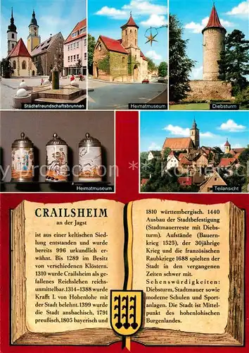 AK / Ansichtskarte Crailsheim Staedtefreundschaftsbrunnen Heimatmuseum Diebsturm Teilansicht mit Kirche Kruege Chronik Wappen Crailsheim