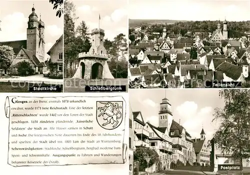 AK / Ansichtskarte Giengen_Brenz Stadtkirche Schiessbergturm Teilansicht Postplatz Chronik Wappen Giengen Brenz