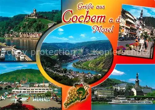 AK / Ansichtskarte Cochem_Mosel Panorama Moseltal Reichsburg Faehre Kirche Strassenpartie Cochem Mosel