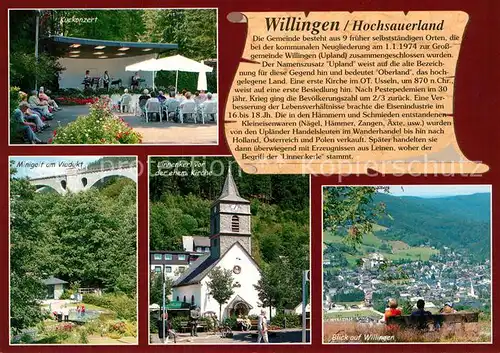 AK / Ansichtskarte Willingen_Sauerland Kurkonzert Minigolf Viadukt Linnenkerl vor ehem Kirche Panorama Willingen_Sauerland