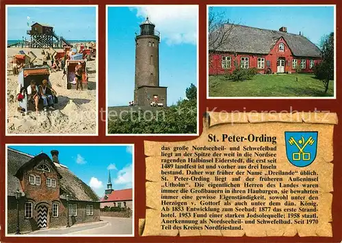 AK / Ansichtskarte St_Peter Ording Badestrand Boehler Leuchtturm Alte Dorfschule Heimatmuseum Kirche St_Peter Ording