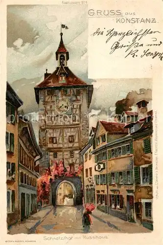 AK / Ansichtskarte Konstanz_Bodensee Schnetzlhof mit Husshaus Kuenstlerkarte Konstanz_Bodensee