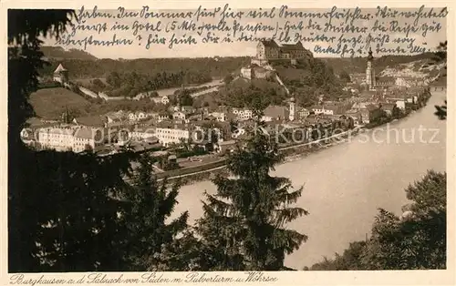 AK / Ansichtskarte Burghausen_Salzach Panorama Blick von Sueden mit Pulverturm und Woehrsee Burgen Kupfertiefdruck Burghausen Salzach