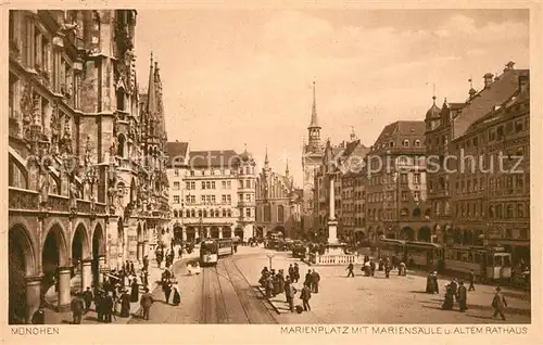 AK / Ansichtskarte Strassenbahn Muenchen Marienplatz Mariensaeule Altes Rathaus Strassenbahn