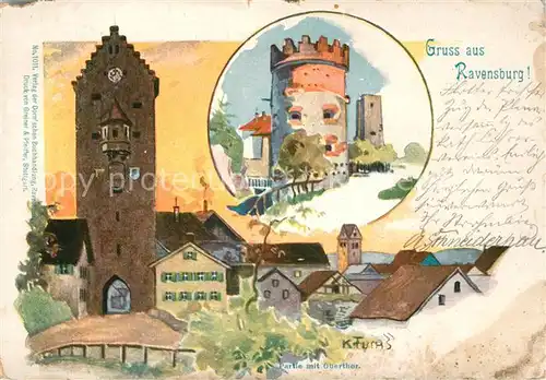 AK / Ansichtskarte Ravensburg_Wuerttemberg Turm Obertor K?nstler Furas / Ravensburg Wuerttemberg