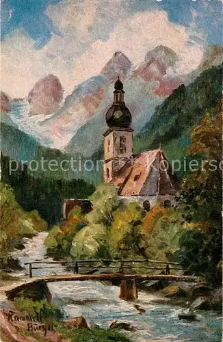 AK / Ansichtskarte Ramsau_Berchtesgaden Kuenstlerkarte Rammelt Buerger Kirche Ramsau Berchtesgaden