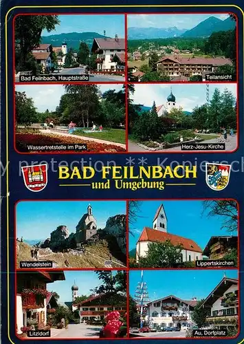 AK / Ansichtskarte Bad_Feilnbach Hauptstr Teilansicht Wassertretstelle im Park Herz Jesu Kirche Wendelstein Lippertskirchen Litzldorf Au Dorfplatz Bad_Feilnbach