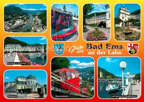 AK / Ansichtskarte Bad_Ems Panorama Brunnen Kurhotel Promenade Kurhaus Spielbank Standseilbahn Lahnpartie mit Quellenturm Bad_Ems