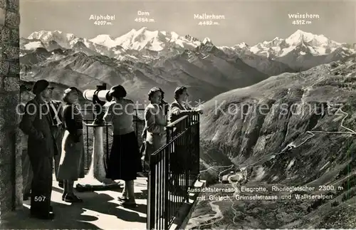 AK / Ansichtskarte Rhonegletscher_Glacier_du_Rhone Aussichtsterrasse Eisgrotte mit Gletsch Grimselstrasse  Rhonegletscher_Glacier