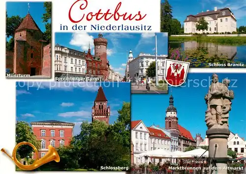 AK / Ansichtskarte Cottbus Muenzturm Spremberger Turm Schloss Branitz Schlossberg Marktbrunnen Cottbus