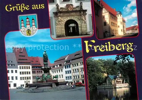 AK / Ansichtskarte Freiberg_Sachsen Rathausportal Obermarkt Schwanenschloesschen Freiberg Sachsen