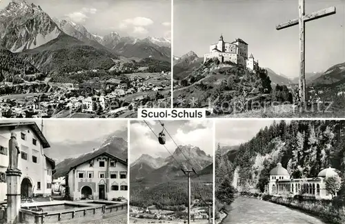 AK / Ansichtskarte Scuol_GR Panorama Schloss Dorfbrunnen Seilbahn Scuol_GR