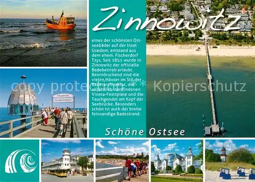 AK / Ansichtskarte Zinnowitz_Ostseebad Fliegeraufnahme Seebruecke Fischkutter Strandkoerbe Zinnowitz_Ostseebad