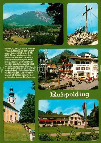 AK / Ansichtskarte Ruhpolding Panorama Gipfelkreuz Dorfbrunnen Kirche Kuranlagen Ruhpolding