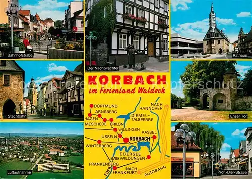 AK / Ansichtskarte Korbach Bahnhofstr Der Nachtwaechter Rathaus Stechbahn Enser Tor Fliegeraufnahme Prof Bier Strasse Korbach