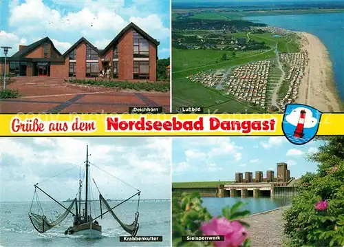 AK / Ansichtskarte Dangast_Nordseebad Deichhoern Krabbenkutter Sielsperrwerk Luftbild Dangast_Nordseebad