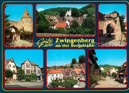 AK / Ansichtskarte Zwingenberg_Bergstrasse Hotel Zur Bergstrasse Stadtmauer Turm Altstadt Fachwerkhaeuser Fussgaengerzone Zwingenberg_Bergstrasse