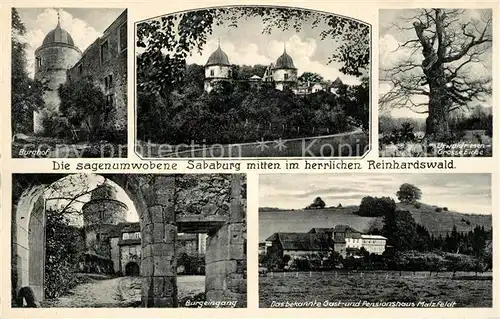 AK / Ansichtskarte Hofgeismar Sababurg im Reinhardswald Burghof Urwaldriesen Eiche Gasthof Pension Malzfeldt Hofgeismar