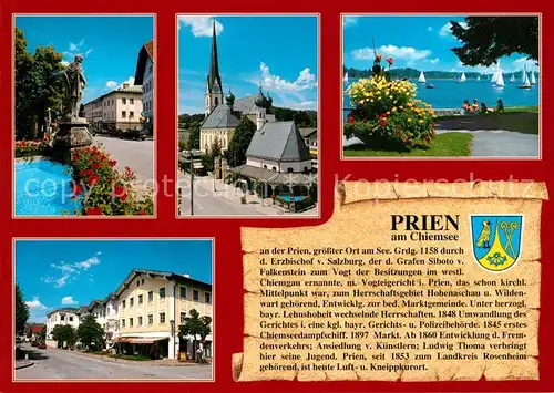 AK / Ansichtskarte Prien_Chiemsee Stadtbrunnen Kirche Am See Ortsmitte Prien Chiemsee