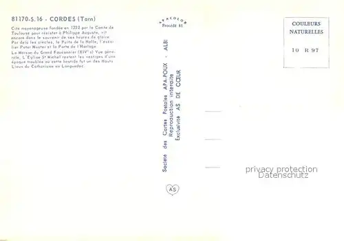 AK / Ansichtskarte Cordes sur Ciel Cite moyenageuse fondee en 1222 par le Comte de Toulouse pour resister a Philippe Auguste Cordes sur Ciel