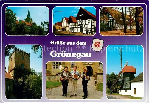 AK / Ansichtskarte Groenegau_Region Typische Haeuser der Region Fachwerkhaeuser Kirche Windmuehle Musikanten 