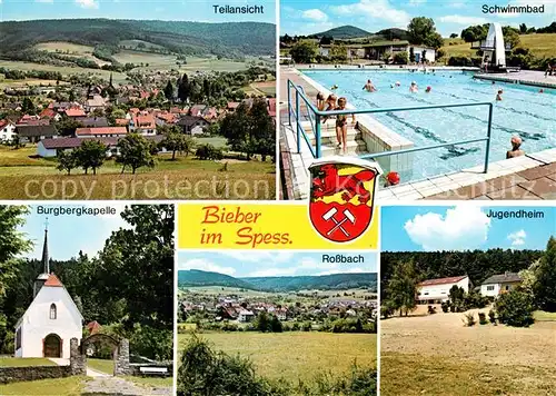 AK / Ansichtskarte Bieber_Spessart Panorama Freibad Burgbergkapelle Jugendheim Rossbach Wappen Bieber Spessart