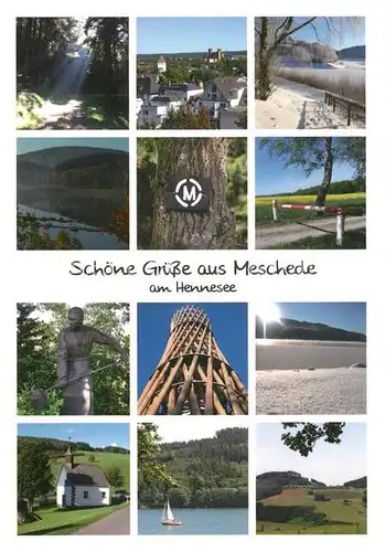 AK / Ansichtskarte Meschede am Hennesee Teilansichten Skulptur Kapelle Turm Meschede