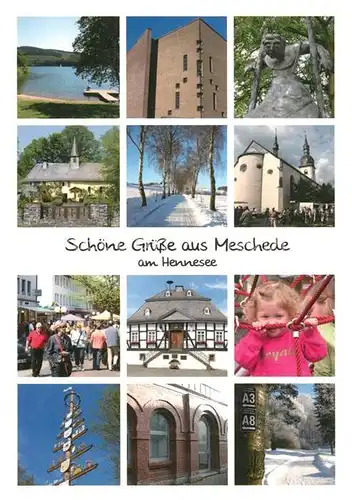 AK / Ansichtskarte Meschede Hennesee Skulptur Kirchen Fussgaengerzone Spielplatz Maibaum Rathaus Meschede