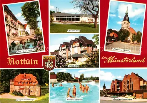 AK / Ansichtskarte Nottuln Am Nonnenbach Hallenba Neue Post Martini Kirche Jugendherberge Wellen Freibad Einkaufszentrum Nottuln