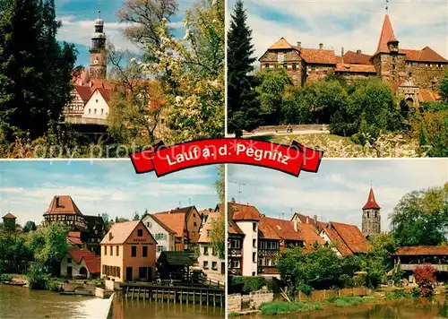 AK / Ansichtskarte Lauf_Pegnitz Blick zur Kirche Wenzelschloss Partie am Fluss Wehr Lauf Pegnitz