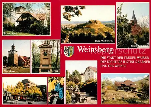 AK / Ansichtskarte Weinsberg Kernerhaus Wachturm Traubenplatz Denkmal Justinus Kerner Burg Weibertreu Kirche Roemerbad Weinsberg