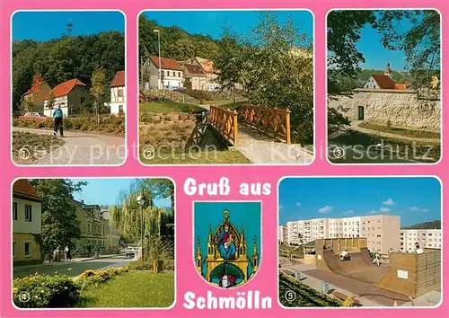 AK / Ansichtskarte Schmoelln_Thueringen Aussichtsturm Sprottenbruecke Schillerplatz Stadtmauer Rathausturm Stadtpark Skateboardbahn Wohngebiet Wappen Schmoelln Thueringen