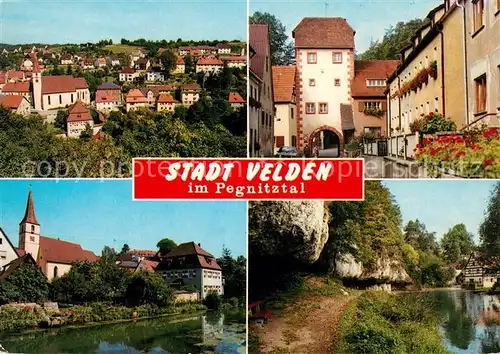 AK / Ansichtskarte Velden_Mittelfranken Ortsmotiv mit Kirche Torturm Uferpartie an der Pegnitz Velden Mittelfranken