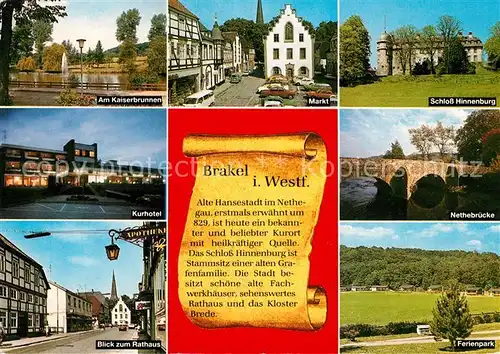 AK / Ansichtskarte Brakel_Westfalen Kaiserbrunnen Markt Schloss Hinnenburg Nethebruecke Ferienpark Kurhotel Rathaus Brakel_Westfalen