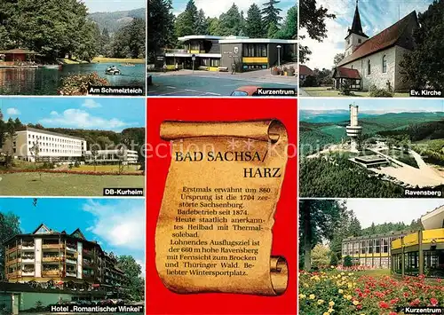 AK / Ansichtskarte Bad_Sachsa_Harz Schmelzteich Kurheim Hotel Kirche Ravensberg Aussichtsturm Kurzentrum Chronik Bad_Sachsa_Harz