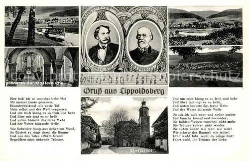 AK / Ansichtskarte Lippoldsberg Landschaftspanorama Wesertal Inneres Klosterkirche Klosterhof Portrait Dingelstedt Portrait Pressel Lied Noten Lippoldsberg