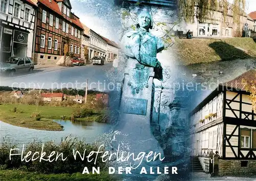 AK / Ansichtskarte Weferlingen_Aller Baeckerstrasse Denkmal Markgraf Teiche an der Burg Superintendantur Fachwerkhaus Weferlingen_Aller