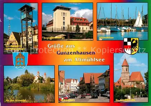 AK / Ansichtskarte Gunzenhausen_Altmuehlsee Glockenspiel Marktplatz Jugendherberge Seglerhafen Kirche Partie an der Altmuehl Gunzenhausen Altmuehlsee