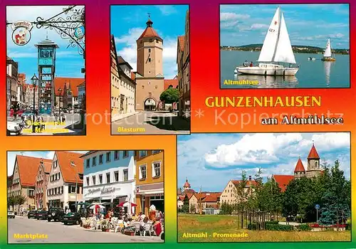 AK / Ansichtskarte Gunzenhausen_Altmuehlsee Glockenspiel Marktplatz Blasturm Altmuehlsee Segelboot Altmuehl Promenade Gunzenhausen Altmuehlsee