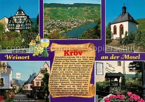 AK / Ansichtskarte Kroev_Mosel Dreigiebelhaus Fachwerk Landschaftspanorama Weinbergkapelle Robert Schumann Strasse Alte Dorfbrunnen von 1616 Chronik Kroev_Mosel